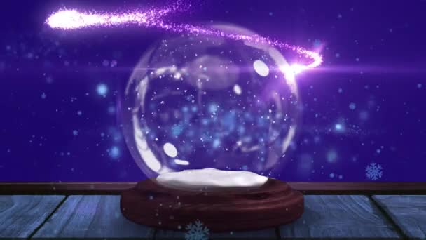Animacja Płatków Śniegu Spadająca Gwiazda Nad Śnieżną Kulą Niebieskim Tle — Wideo stockowe
