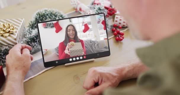 Caucasian Man Christmas Decorations Having Tablet Video Call Biracial Woman — Stock Video
