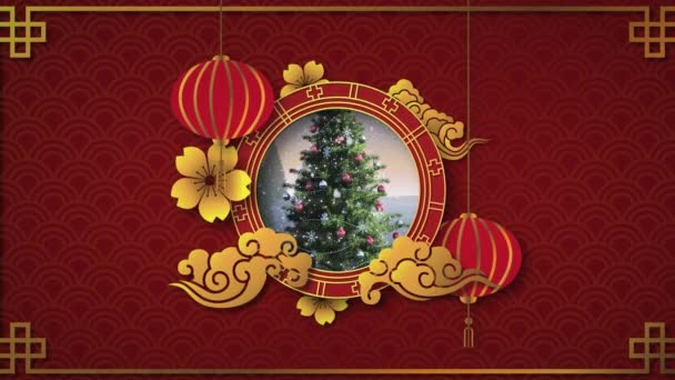 Animazione Lanterna Cinese Ornamento Sopra Albero Natale Natale Inverno Tradizione — Video Stock