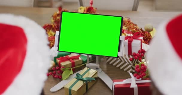 Diverse Couple Santa Hats Having Tablet Video Call Copy Space — Stock Video