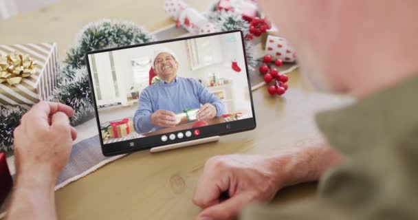 Caucasian Man Christmas Decorations Having Tablet Video Call Happy Biracial — Stock Video