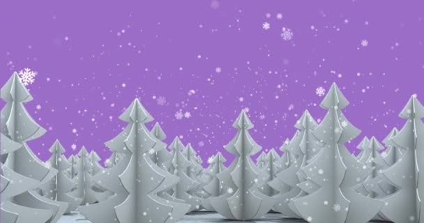 Анимация Снега Падающего Фиолетовый Фон Зимними Деревьями Рождество Традиции Зима — стоковое видео