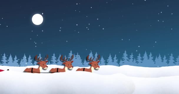 在圣诞节 雪橇上降雪在圣爪上的动画 驯鹿和冬季的风景 圣诞节 传统和庆祝概念数字制作的录像 — 图库视频影像