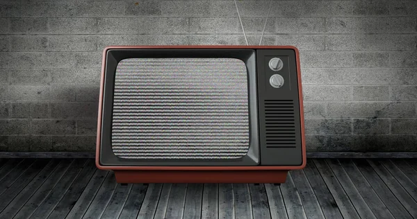 Composto Tela Televisão Com Falha Mesa Contra Parede Tijolo Cinza — Fotografia de Stock