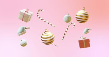 Pembe arka planda noel süslerinin animasyonu. Noel, gelenek ve kutlama konsepti dijital olarak oluşturuldu.