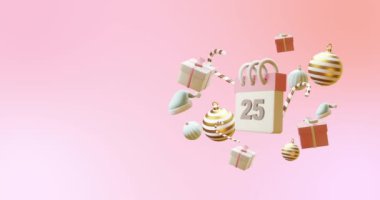 Takvim animasyonu 25 numara ve pembe arka planda noel süslemeleri. Noel, gelenek ve kutlama konsepti dijital olarak oluşturuldu.