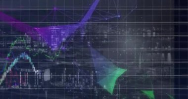 Şehirdeki finansal verilerin ve grafiklerin animasyonu. Küresel finans, ekonomi ve teknoloji kavramı dijital olarak üretilen video.
