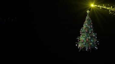 Noel Baba 'nın üzerine yağan kar, ren geyiği ve yılbaşı ağacıyla dolu bir kızakla. Noel, gelenek ve kutlama konsepti dijital olarak oluşturuldu.