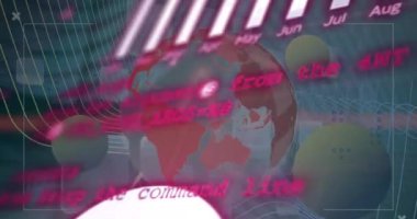 Gri arkaplandaki dünya üzerindeki grafiklerin ve finansal verilerin animasyonu. Dijital olarak oluşturulan küresel ağ, iletişim, finans ve teknoloji konsepti.