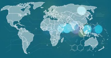 Dünya haritası ve yeşil arkaplan üzerinde grafik ve kimyasal formüllerin animasyonu. Finans, ekonomi, bilim ve teknoloji konsepti dijital olarak oluşturulmuş video.