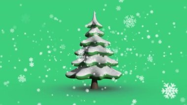Yeşil arka planda kar taneleri ve Noel ağacı animasyonu. Noel, gelenek, kış ve kutlama konsepti dijital olarak oluşturulmuş video.