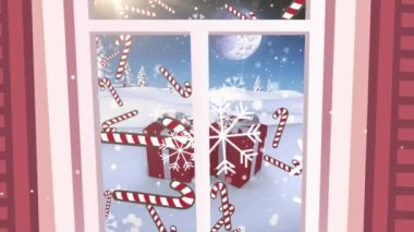 Hediyeler ve kış manzarası üzerine yağan karın animasyonu. Noel, gelenek ve kutlama konsepti dijital üretilmiş video.