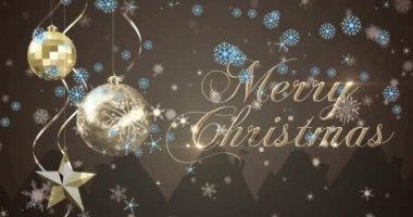 Noel kutlaması ve festival vektör çizimi konsepti. Siyah zemine çok sayıda kar taneleri düşüyor. Kış Noel mevsimi konsepti. Noel tebriklerinin animasyonu. Kahverengi arkaplanda noel süslemeleri üzerine yazılan mesajlar..