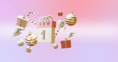 1 numaralı takvim animasyonu ve pembe arka planda noel süslemeleri. Noel, gelenek ve kutlama konsepti dijital olarak oluşturuldu.