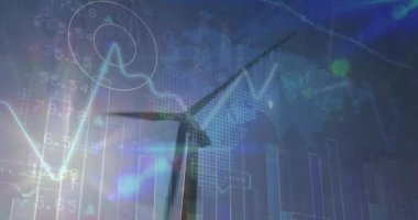 Finansal verilerin animasyonu ve rüzgar türbinleriyle manzara üzerinde grafikler. Ekoloji, yeşil enerji, eko güç, finans ve ekonomi kavramı dijital olarak oluşturulmuş video.