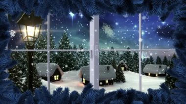 Kış manzarası üzerindeki pencere animasyonu, fener ve kar yağıyor. Noel, gelenek, kış ve kutlama konsepti dijital olarak oluşturulmuş video.