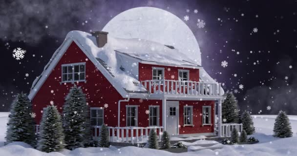 雪花飘落在冬季房屋上的动画 圣诞节 冬季和庆祝概念数字制作的录像 — 图库视频影像