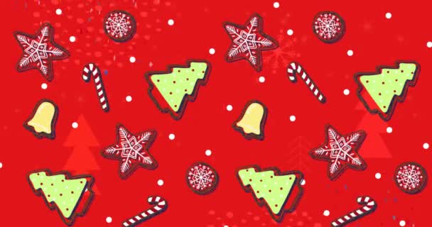 Animación Estrellas Que Caen Árbol Navidad Sobre Fondo Rojo Navidad — Vídeo de stock