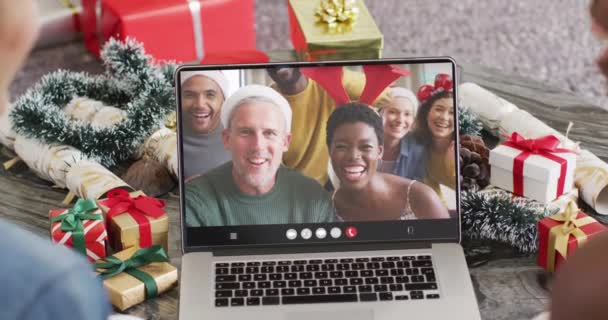Animation Diverse Friends Laptop Video Call Christmas Christmas Festivity Tradition — Stock Video