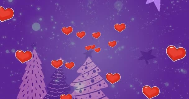 Анимация Сердец Плавающих Фиолетовом Фоне Рождественскими Деревьями Рождество Зима Любовь — стоковое видео