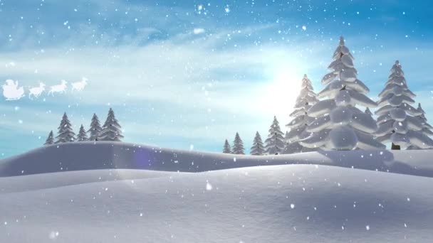 Анимация Санта Клауса Санях Северными Оленями Движущимися Зимнему Пейзажу Рождество — стоковое видео
