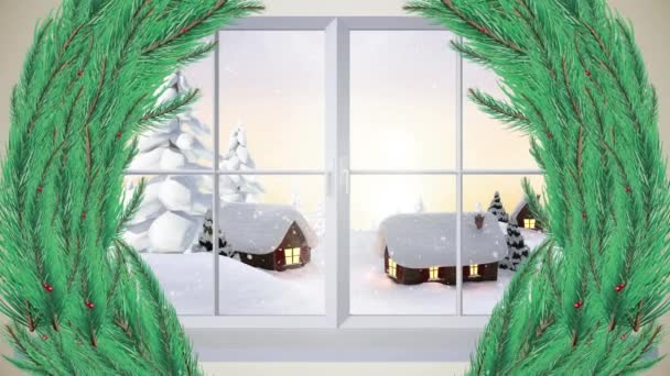 Анімація Різдвяного Вінка Над Зимовими Пейзажами Різдво Традиції Концепція Святкування — стокове відео