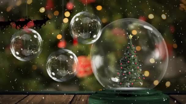 Animation Santa Claus Sleigh Reindeer Moving Snow Globe Christmas Tree — Stock Video