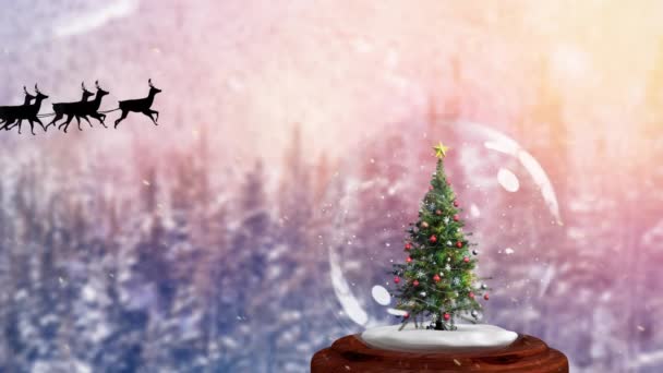 Animatie Van Kerstman Slee Met Rendieren Sneeuwbol Met Kerstboom Kerstmis — Stockvideo