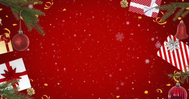 Animación Copos Nieve Marco Con Regalos Navidad Sobre Fondo Rojo — Vídeos de Stock