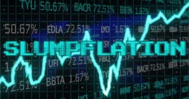 Grafik ve finansal veri işleme üzerine mavi renkli çöküş metninin animasyonu. Küresel iş ekonomisi, durgunluk, enflasyon ve dijital iletişim konsepti dijital olarak oluşturulmuş video.