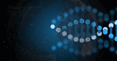 Dünya üzerinde dönen DNA iplikçiklerinin ve veri işlemenin animasyonu. Küresel bilim, veri işleme ve bağlantılar konsepti dijital olarak oluşturulmuş video.