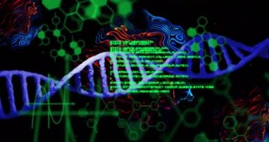 DNA iplikçiklerinin kimyasal yapıların üzerinde işlenen verilerle canlandırılması. Küresel bilim, veri işleme, bağlantılar ve ağlar konsepti dijital olarak oluşturulmuş video.