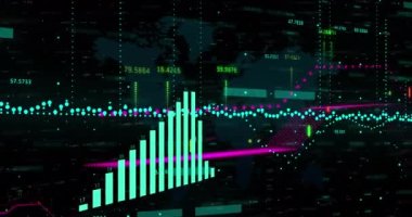 Siyah arkaplanda veri işleme katmanları üzerinde mavi grafik animasyonu. Dijital olarak oluşturulmuş küresel iletişim, iş, finans ve veri arayüzü kavramı.