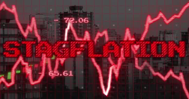 Animace Stagflace Textu Červeně Grafem Grafy Zpracování Dat Přes Město — Stock video