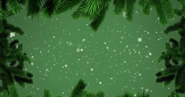 Animation Von Schneeflocken Und Tannenzweigen Auf Grünem Hintergrund Weihnachten Tradition — Stockvideo