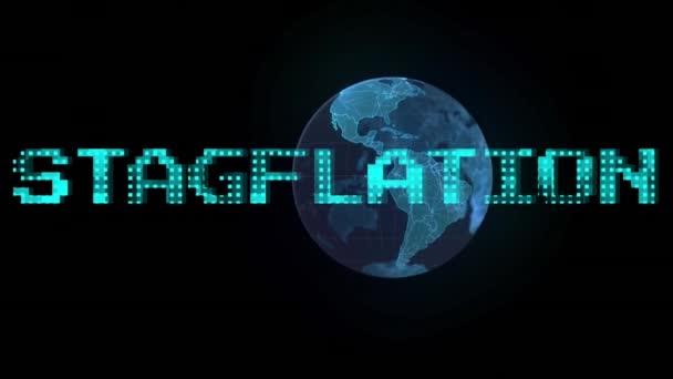 Animation Texte Stagflation Bleu Sur Globe Tournant Sur Fond Noir — Video