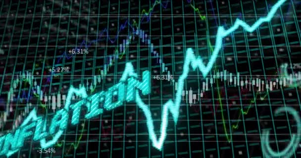 Animering Inflationstext Blått Över Grafen Och Diagram Bearbetning Data Global — Stockvideo