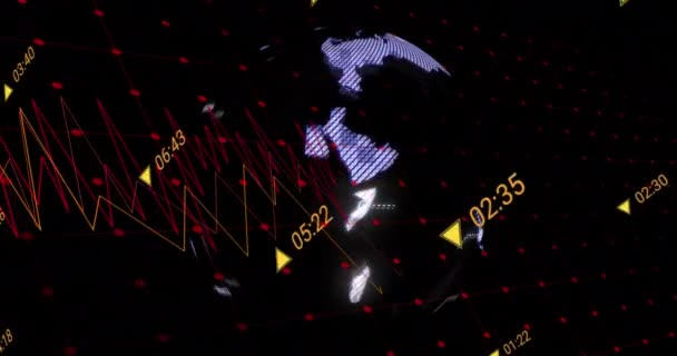 Animace Zářící Koule Grafů Zpracovávanými Daty Černém Pozadí Globální Ekonomika — Stock video