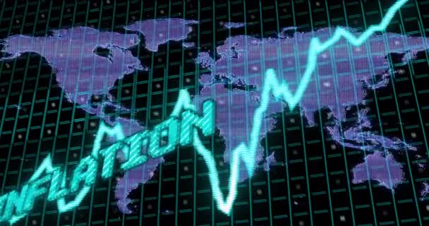 グラフ上の青でのインフレテキストのアニメーションとデータ処理と世界地図 グローバルビジネス経済 インフレとデジタル通信の概念デジタル生成されたビデオ — ストック動画