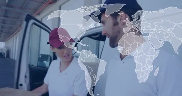 Animation World Map Caucasian Deliverers Talking Smiling Global Business Digital — Stock Video