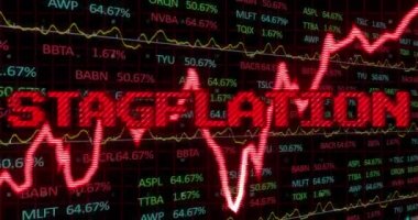 Grafik ve finansal veri işleme üzerine kırmızı renkli stagflasyon metninin animasyonu. Küresel iş ekonomisi, durgunluk, enflasyon ve dijital iletişim konsepti dijital olarak oluşturulmuş video.
