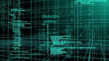 Siyah zemin üzerinde hareket eden veri ve kodlama katmanlarının animasyonu. Dijital olarak oluşturulmuş küresel iletişim, iş, finans ve veri arayüzü kavramı.