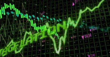 Grafik ve grafik işleme verileri üzerinde durgunluk metninin yeşille canlandırılması. Küresel iş ekonomisi, durgunluk, enflasyon ve dijital iletişim konsepti dijital olarak oluşturulmuş video.