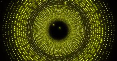 Siyah arkaplanda dairesel hareketlerde parlayan sarı noktaların animasyonu. Renk, ışık ve hareket kavramı dijital olarak oluşturulmuş video.