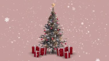 Kar tanelerinin animasyonu, Noel ağacı ve bej arka planda hediyeler. Noel, gelenek, kış ve kutlama konsepti dijital olarak oluşturulmuş video.