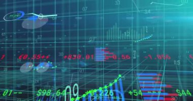 Grafik, grafik ve işleme verilerinin üç boyutlu ızgara üzerinde animasyonu. Dijital olarak oluşturulmuş küresel iletişim, iş, finans ve veri arayüzü kavramı.