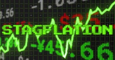 Grafik ve finansal veri işleme üzerine yeşille boyanmış metin animasyonu. Küresel iş ekonomisi, durgunluk, enflasyon ve dijital iletişim konsepti dijital olarak oluşturulmuş video.