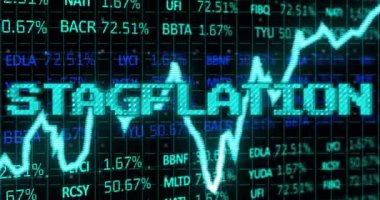 Grafik ve finansal veri işleme üzerine mavi renkli durgunluk metninin animasyonu. Küresel iş ekonomisi, durgunluk, enflasyon ve dijital iletişim konsepti dijital olarak oluşturulmuş video.