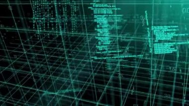 Siyah zemin üzerinde hareket eden veri ve kodlama katmanlarının animasyonu. Dijital olarak oluşturulmuş küresel iletişim, iş, finans ve veri arayüzü kavramı.
