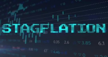 Grafikler ve grafik işleme verileri üzerine mavi renkli durgunluk metninin animasyonu. Küresel iş ekonomisi, durgunluk, enflasyon ve dijital iletişim konsepti dijital olarak oluşturulmuş video.
